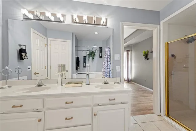 a bathroom with double vanity and a mirror