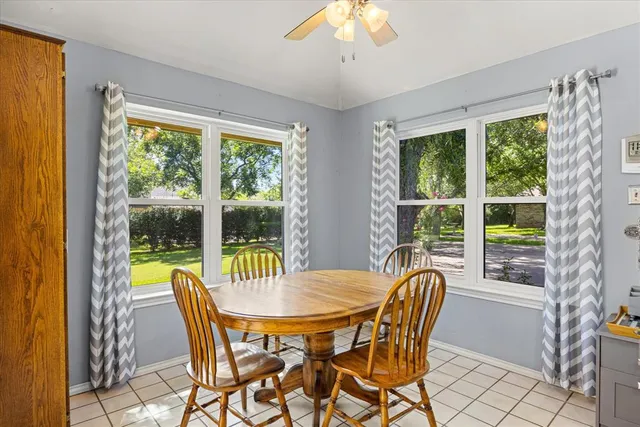 a view of a dining room with furniture window and outside view