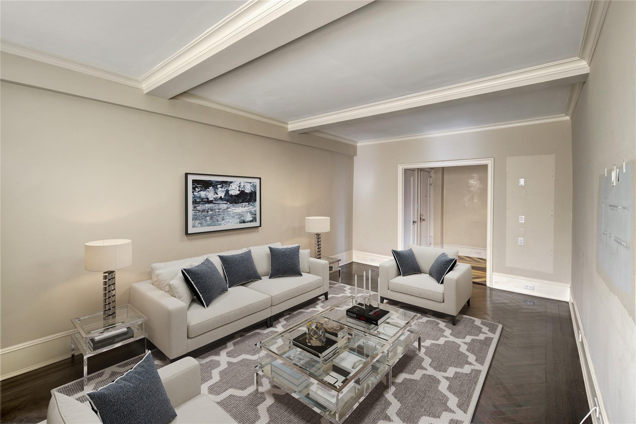 65 East 96th Street, Unit 16B Manhattan, NY 10128 - Photo 9 of 45 Living room with crown molding and dark parquet flooring