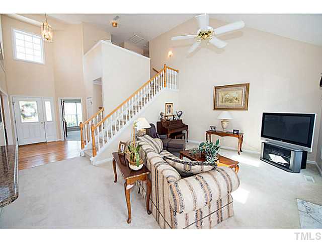 672 Seastone Street Raleigh, NC 27603 - Photo 3 of 23 Open and stylish two-story vaulted family room with gas fireplace, skylights and ceiling fan.
