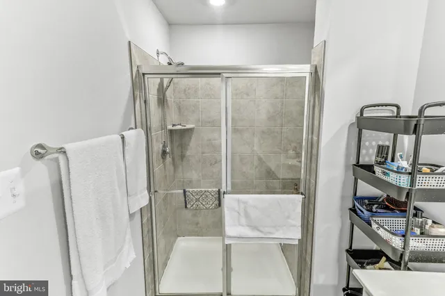 a bathroom with a shower and a sink