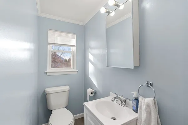 a bathroom with a toilet a sink and mirror