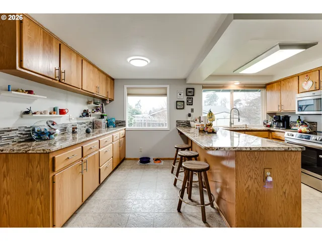 a kitchen with granite countertop a sink cabinets stainless steel appliances and windows