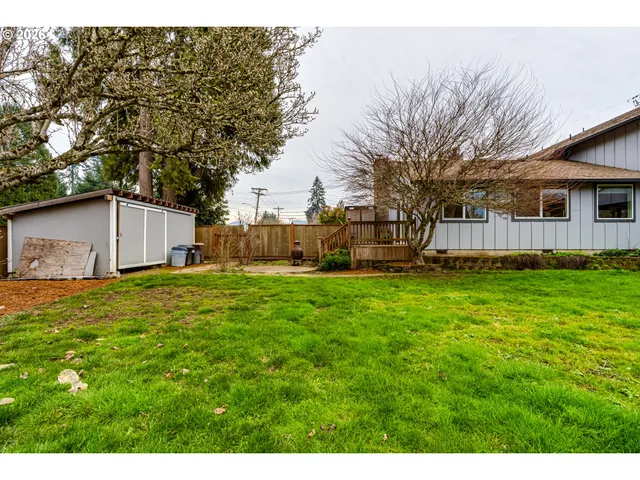 a view of a house with backyard and a tree