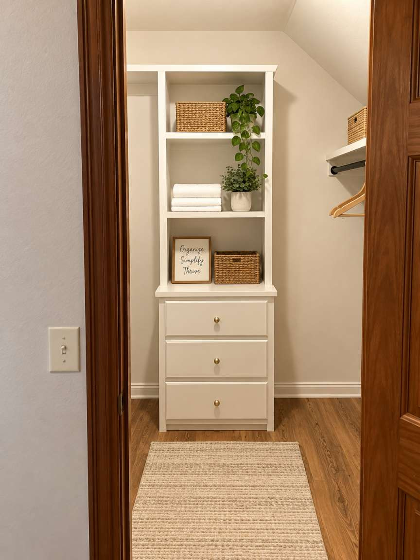 21800 East 450th Road Claremore, OK 74019 - Photo 20 of 23 Built-in shelving unit with three drawers and three open shelves, wood-finish flooring, and a permanent closet rod