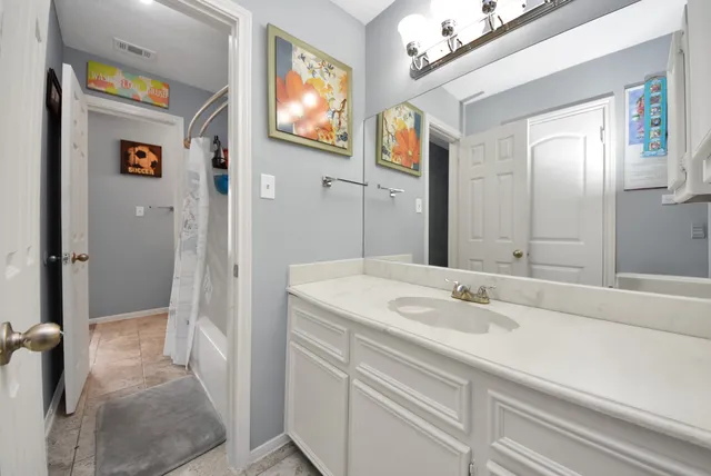 a bathroom with a sink a mirror and a shower