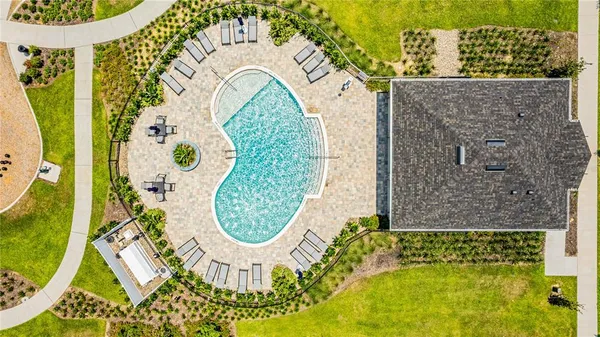a view of swimming pool with a chairs and rug