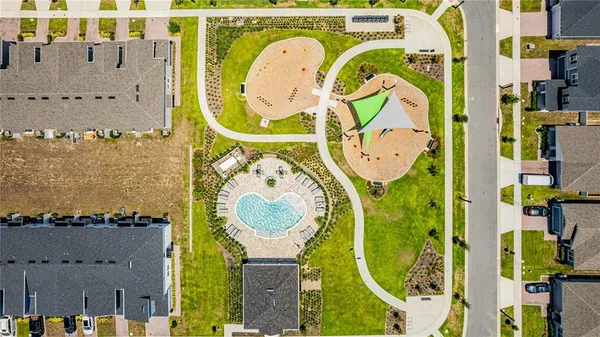 an aerial view of a swimming pool