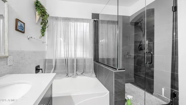 a bathroom with a tub sink and shower