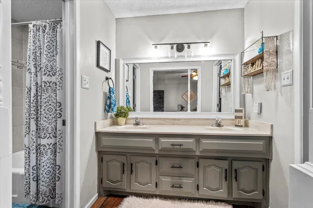 a bathroom with a sink and a mirror