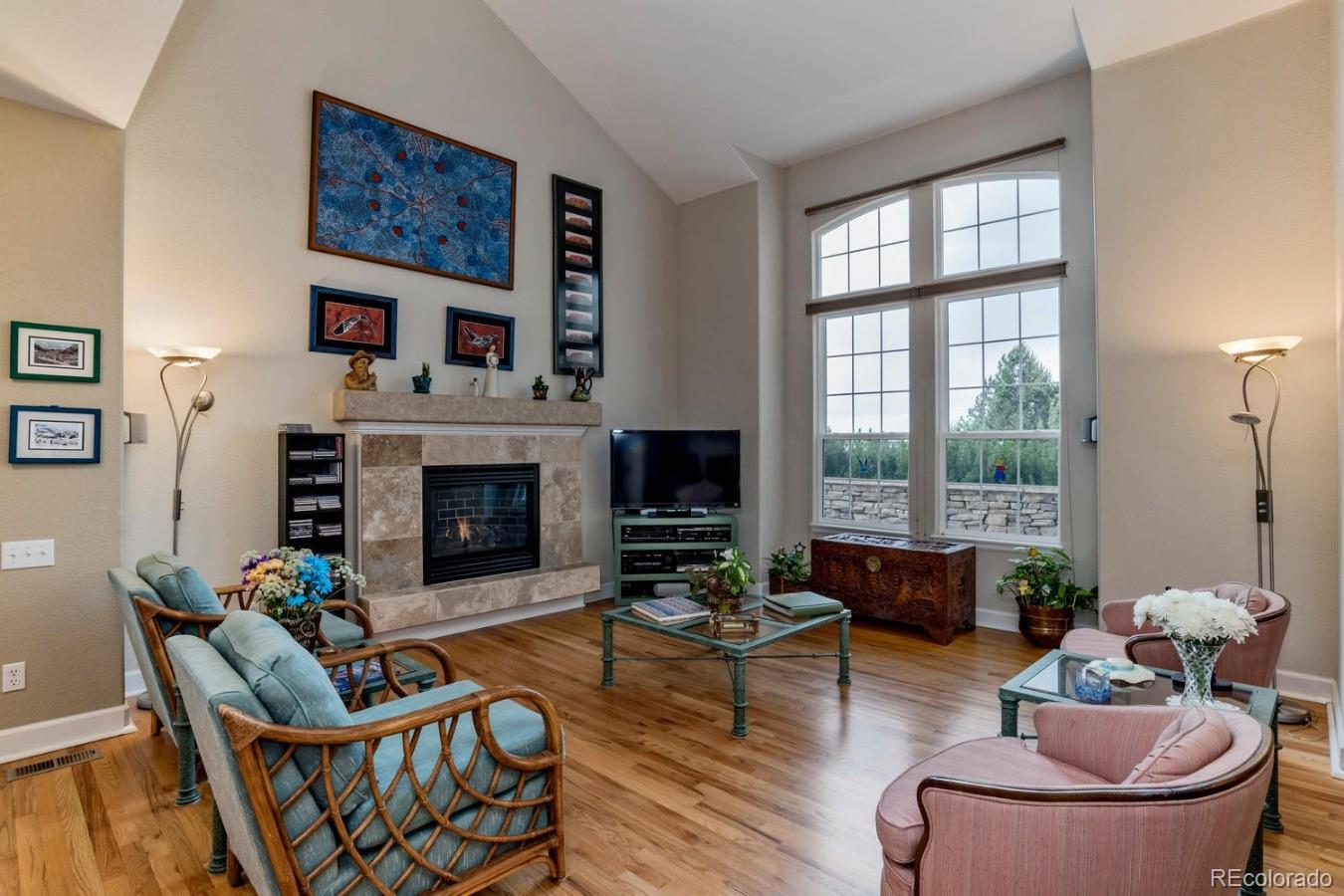 8974 Old Tom Morris Circle Highlands Ranch, CO 80129 - Photo 3 of 28 a living room with furniture a flat screen tv and a fireplace