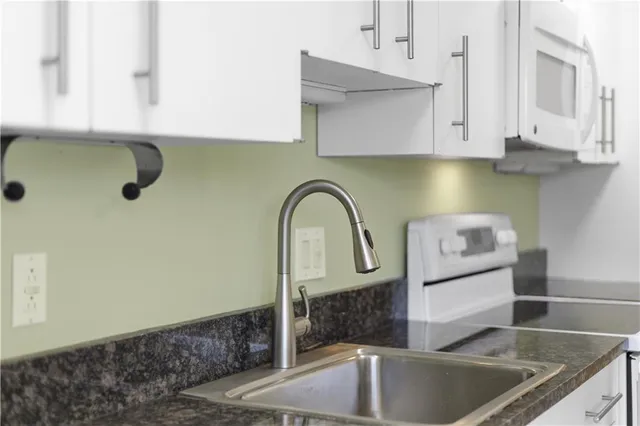 a kitchen with stainless steel appliances granite countertop a sink and a white cabinets