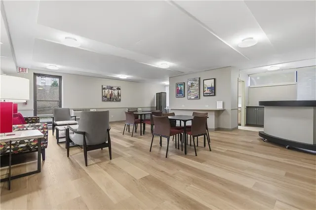 a view of a dining room with furniture