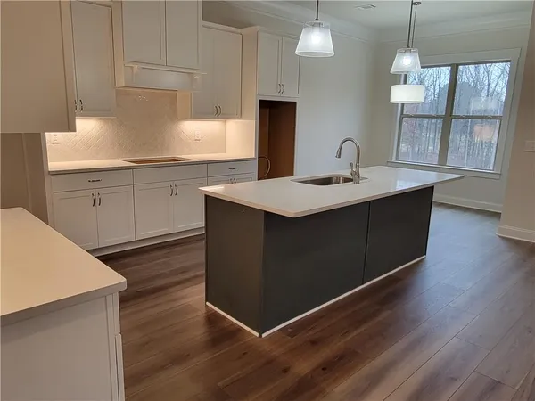 a kitchen with sink cabinets and wooden floor