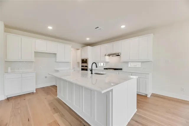 a kitchen with a sink white cabinets and stainless steel appliances