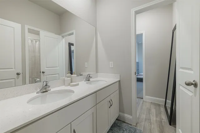 a bathroom with a sink and a mirror