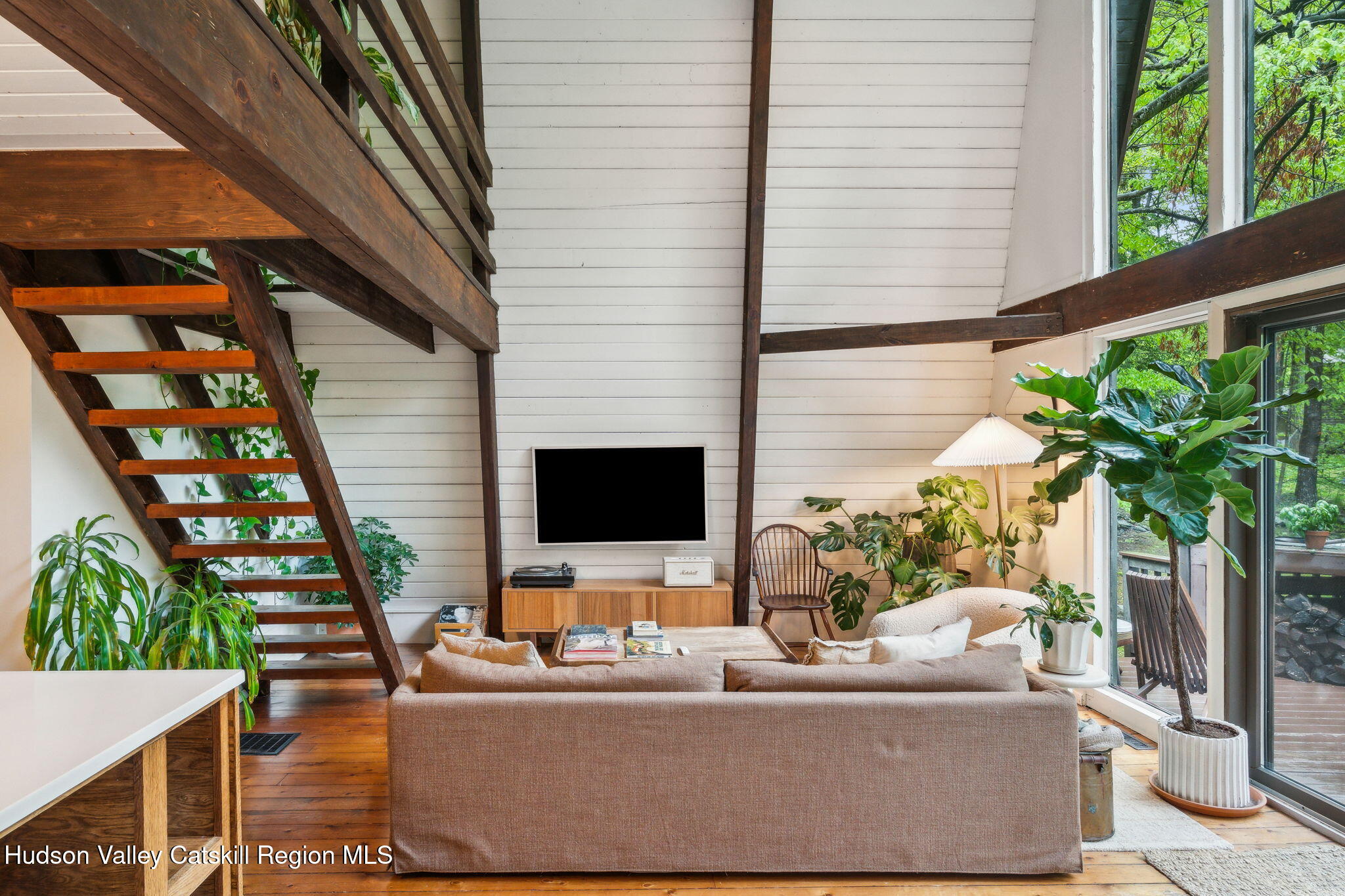425 North Lake Road Haines Falls, NY 12436 - Photo 6 of 45 a living room with couches a flat screen tv and a potted plant