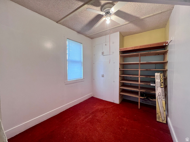 479 East 100 N Road Meadow, UT 84644 - Photo 19 of 59 Unfurnished bedroom with dark colored carpet, ceiling fan, a textured ceiling, and a closet