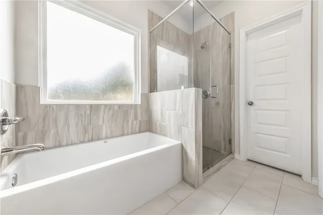 a bathroom with a bathtub and a shower