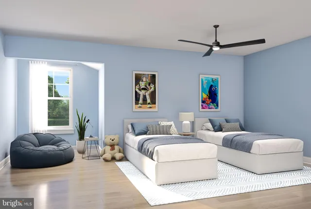 a bedroom with a bed and ceiling fan