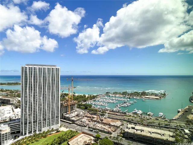 a view of a lake with a city view