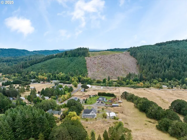 a view of a city street with a yard