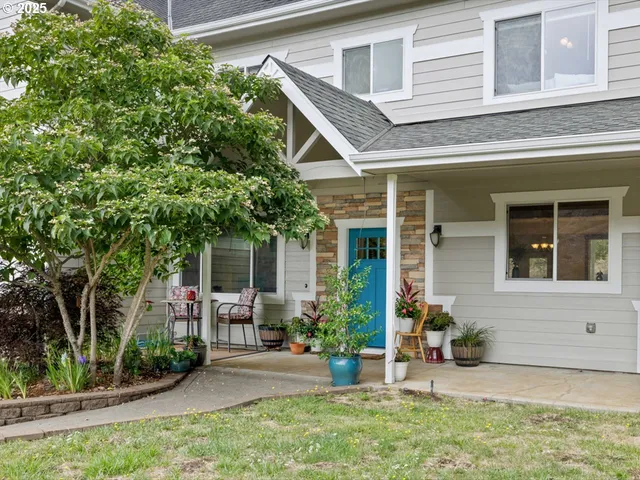 front view of a house with a patio