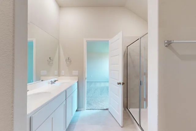 a bathroom with a shower sink and mirror