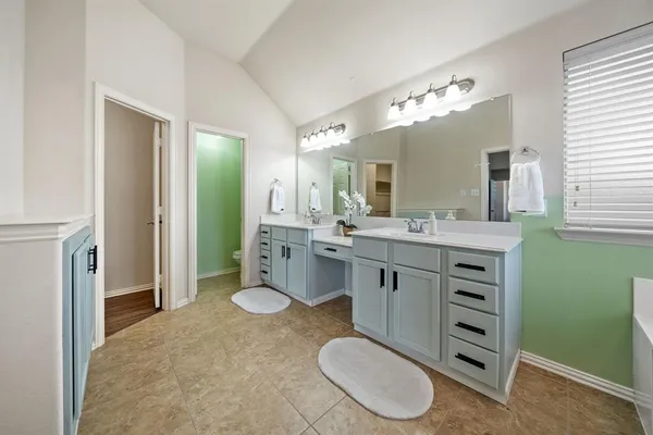 a bathroom with a sink double vanity and a mirror