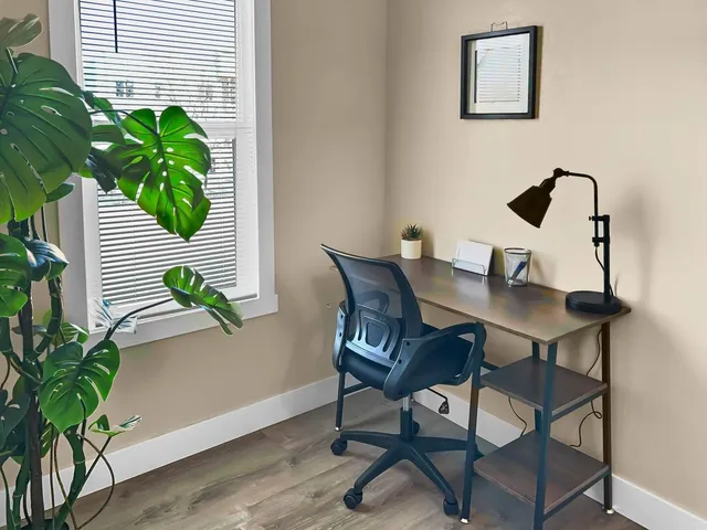 a view of a workspace with furniture and a potted plant