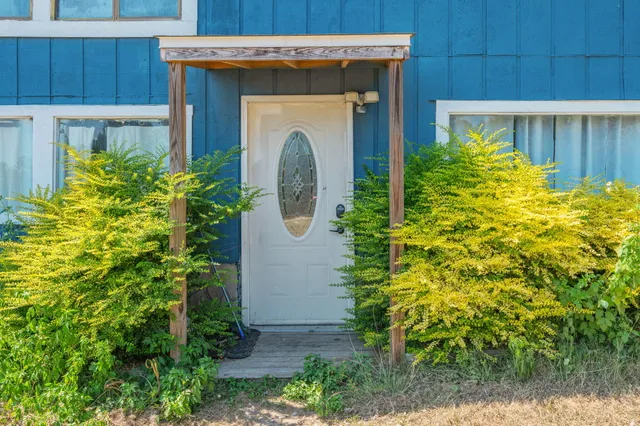 a view of a house with plants and wooden fence