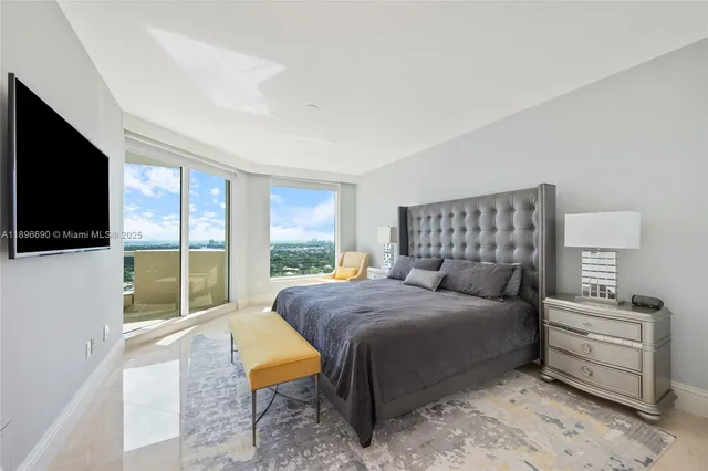 a bedroom with a bed and a flat screen tv