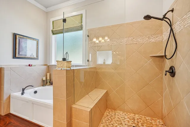 a bathroom with a bathtub and a shower