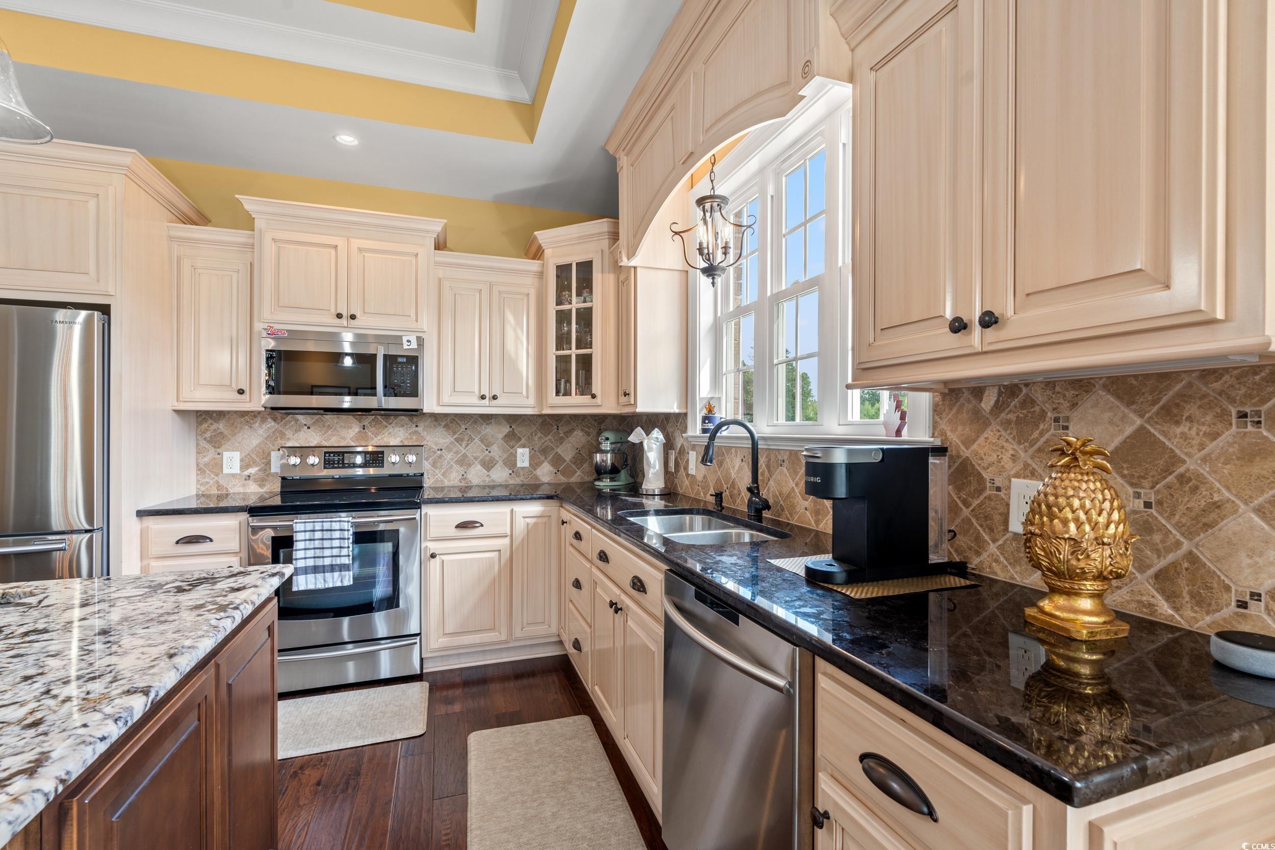 3609 Long Ave Extension Conway, SC 29526 - Photo 12 of 40 Kitchen with stainless steel appliances, backsplash, dark stone countertops, glass insert cabinets, and a raised ceiling