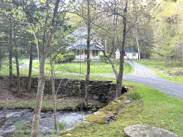 a view of a yard with plants and trees