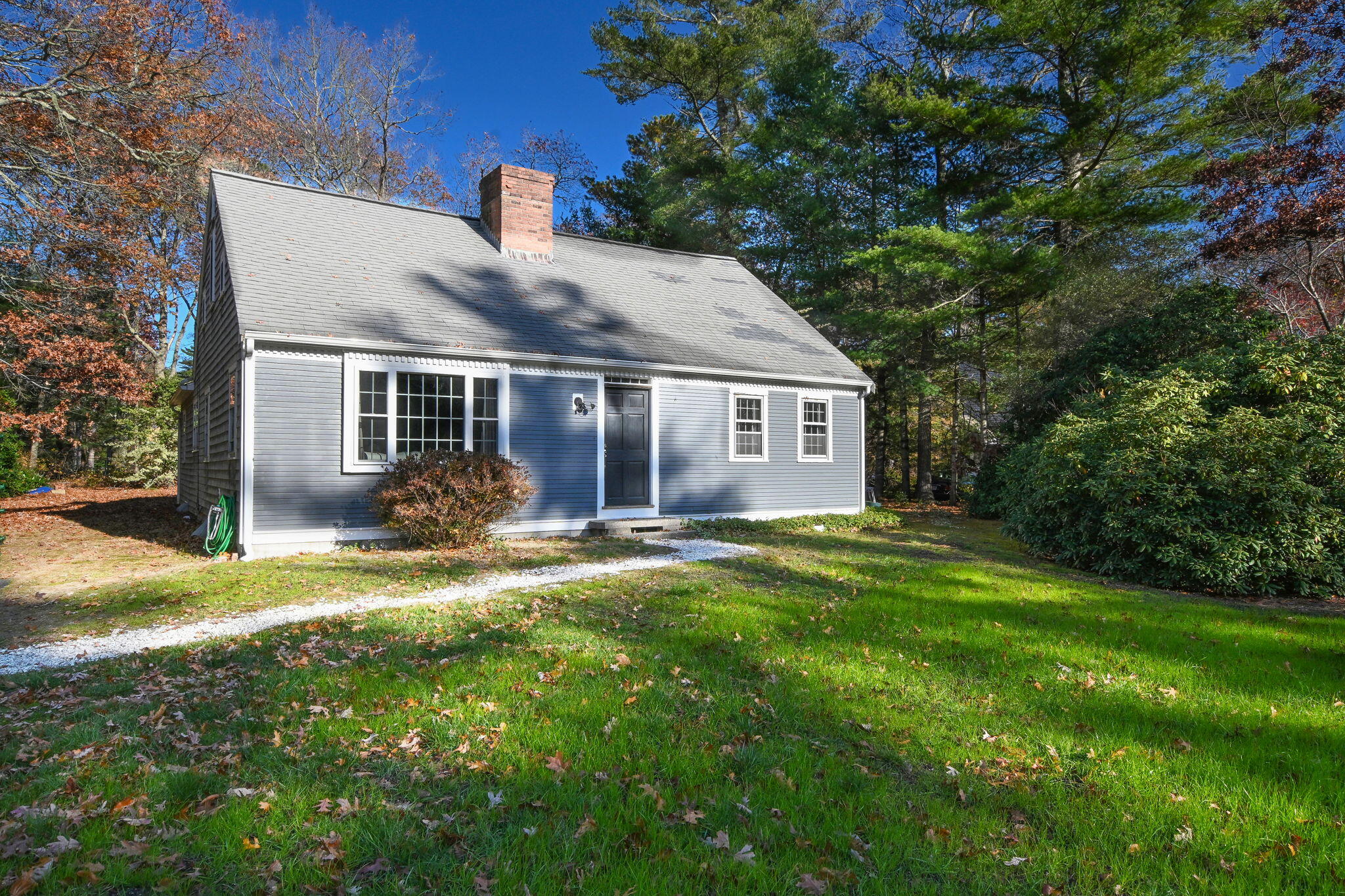 a view of a yard in front of a house with large tree