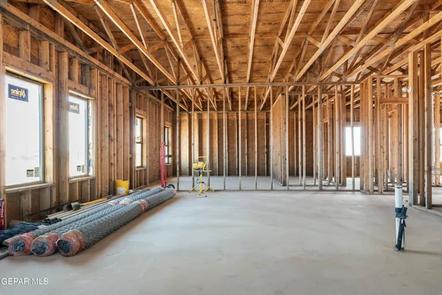 a view of a room with windows