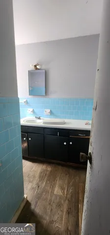 a bathroom with a sink and a mirror