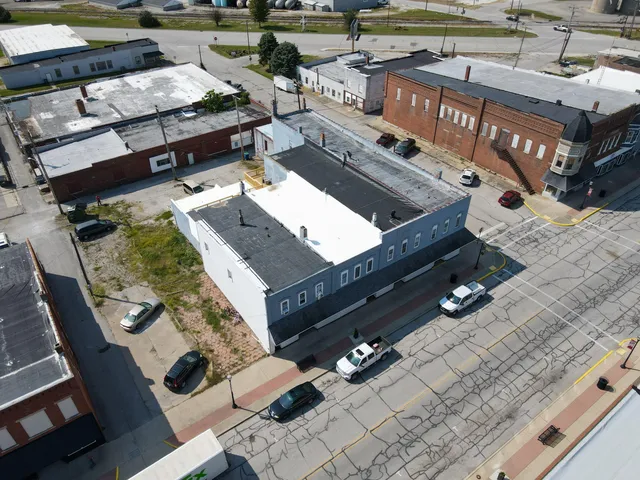 an aerial view of a building with entryway