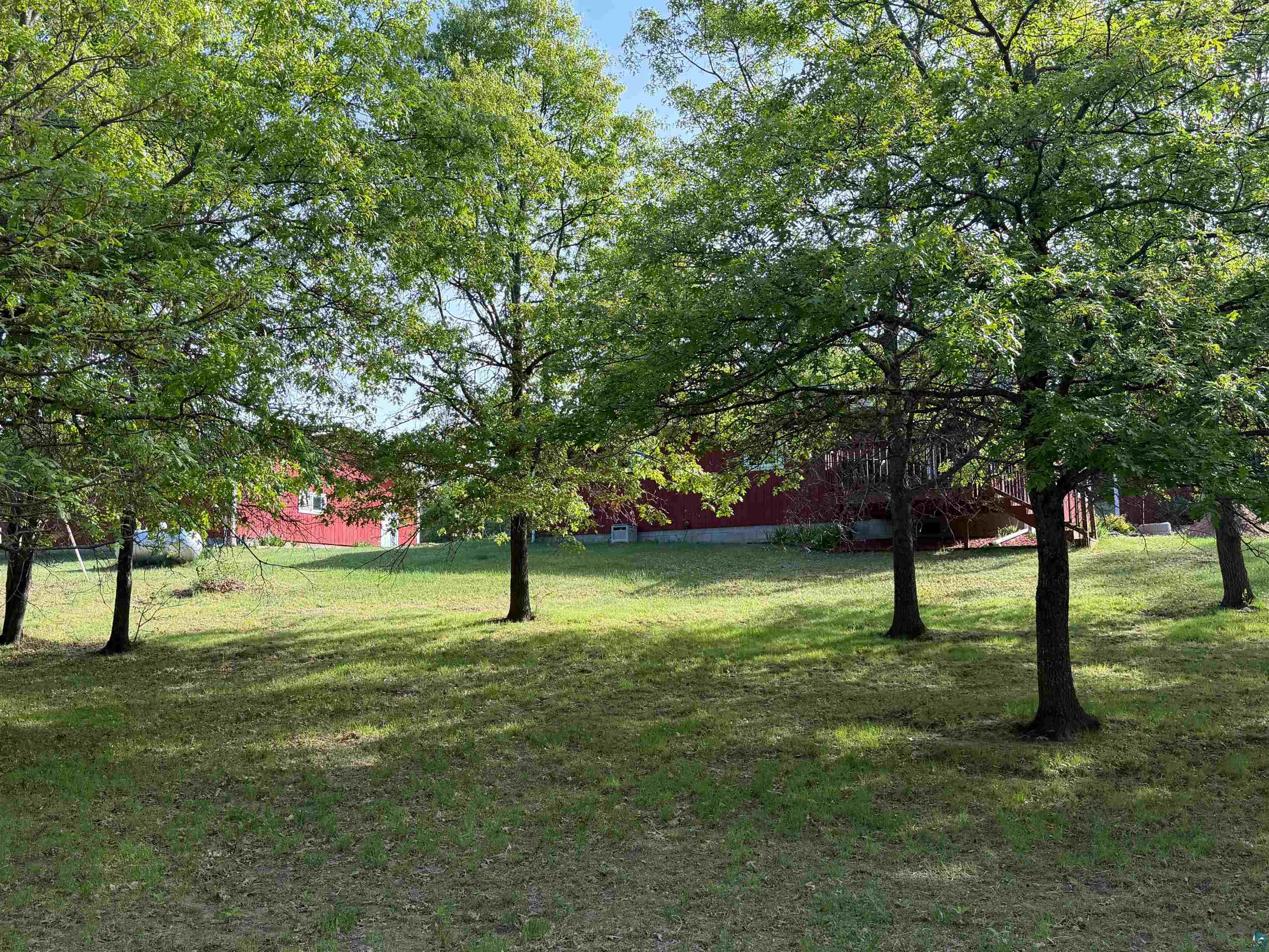 11702 East Mail Road Gordon, WI 54838 - Photo 25 of 60 Spacious green lawn with mature trees and a red-sided structure featuring a wooden deck