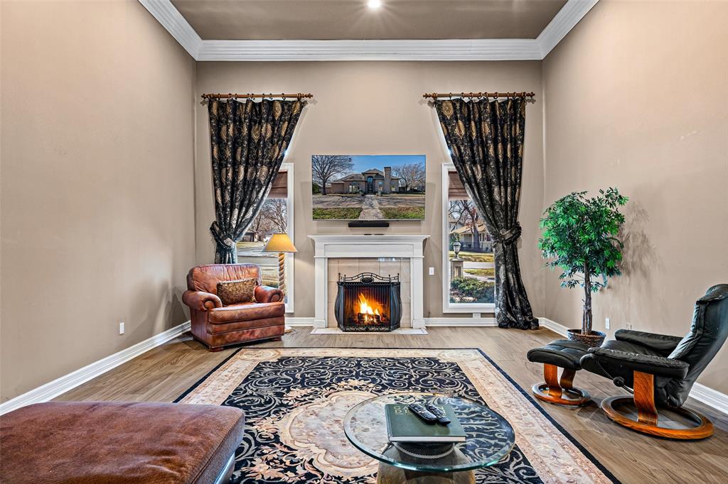8908 Brierfield Road Granbury, TX 76049 - Photo 6 of 40 a living room with furniture a fireplace and potted plants