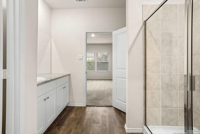 a bathroom with a wooden floor and a sink