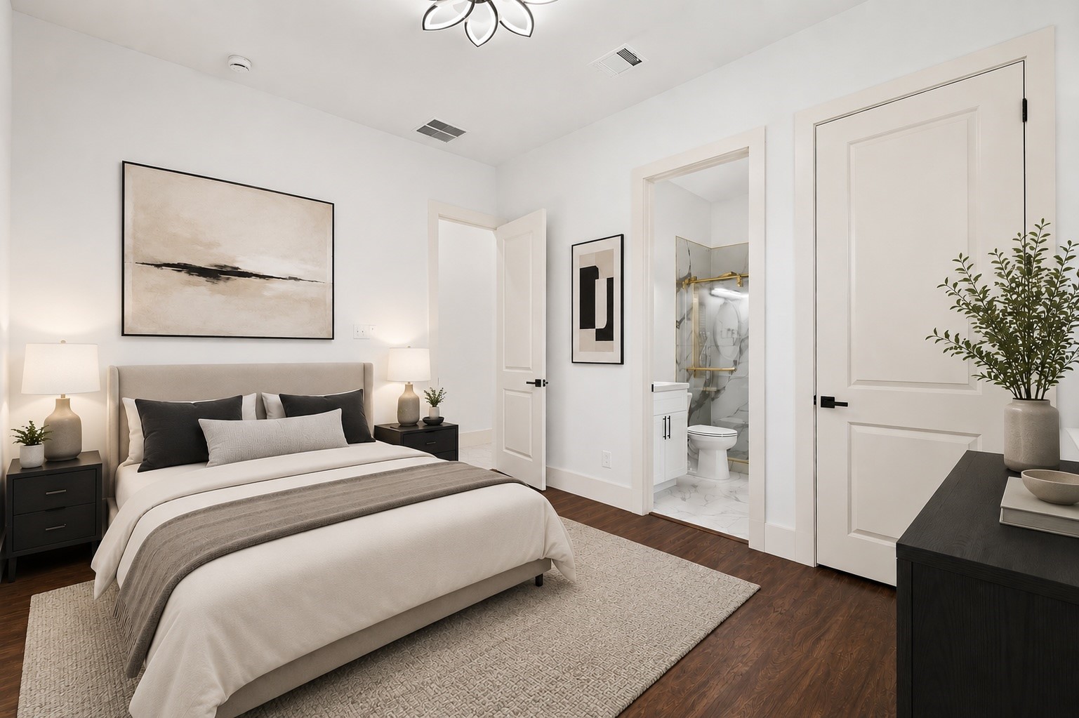 3237 Harkey Road Pearland, TX 77584 - Photo 21 of 46 *Virtually Staged*
Secondary bedroom downstairs featuring an en-suite stylish secondary bath