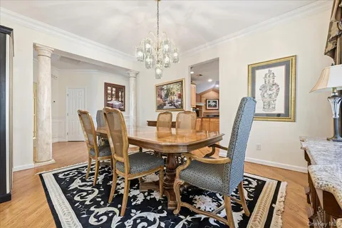 a view of a dining room with furniture