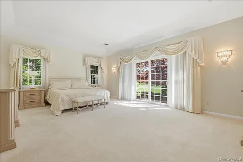 a spacious bedroom with a bed and a large window