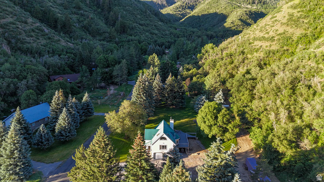10686 South Covered Brg Cyn Road, Unit 14 Spanish Fork, UT 84660 - Photo 15 of 44 Mountainous terrain surrounding a property featuring a green-roofed residence, a paved driveway, and mature evergreen trees