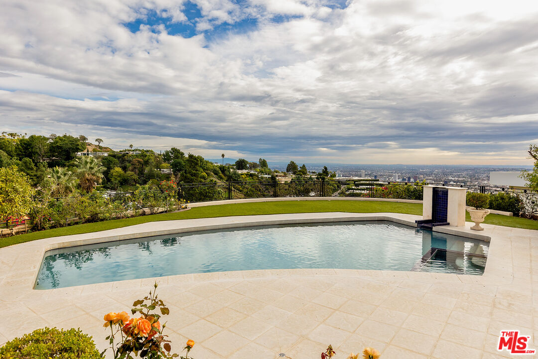 a view of swimming pool with outdoor seating and plants