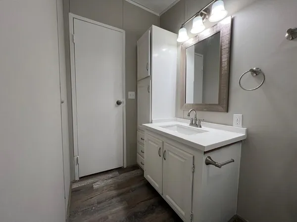 a bathroom with a sink and mirror with shower