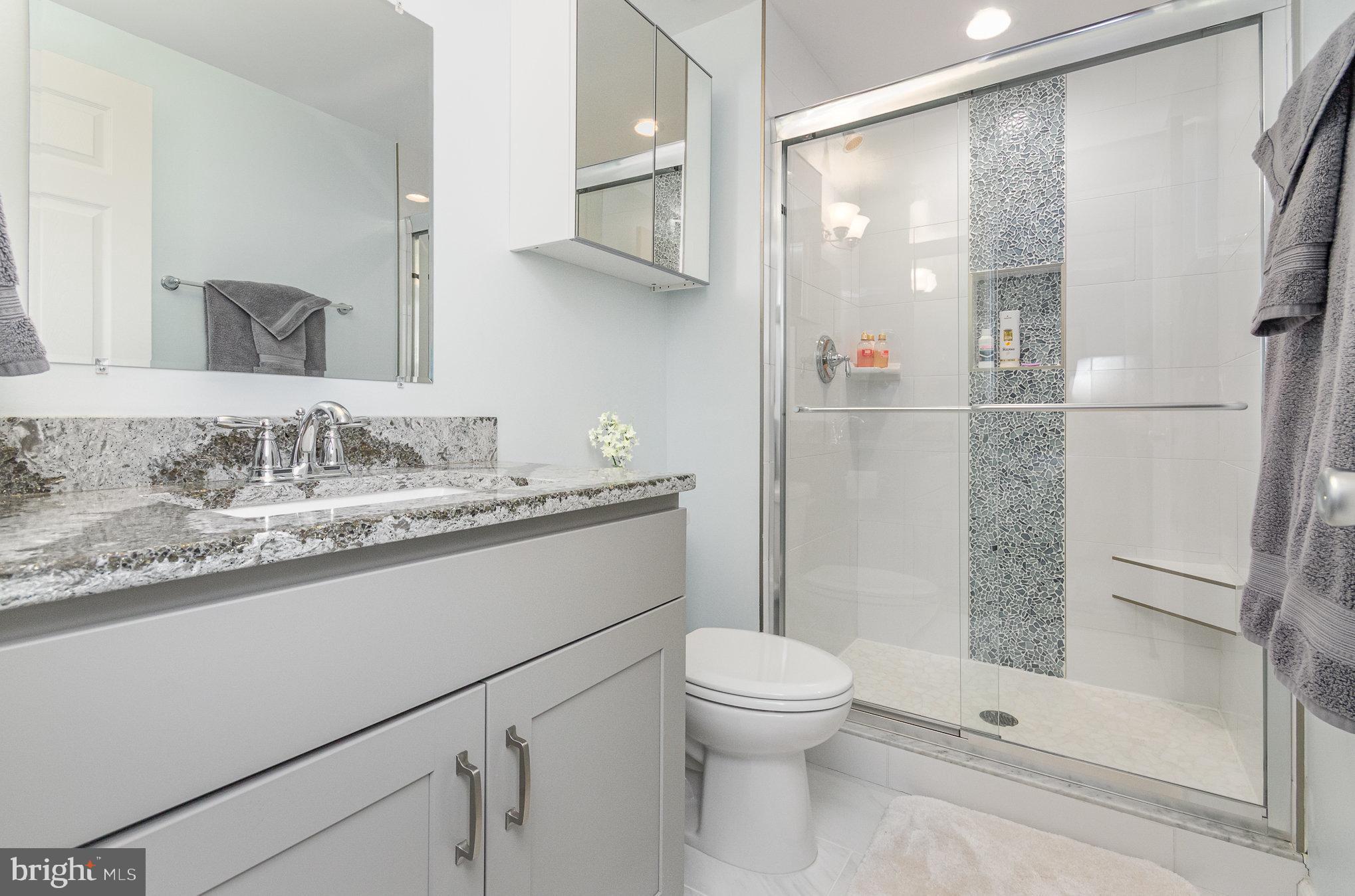 6932 Spelman Drive Springfield, VA 22153 - Photo 19 of 37 a bathroom with a granite countertop sink toilet and shower