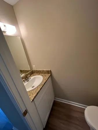 a bathroom with a granite countertop sink and a mirror